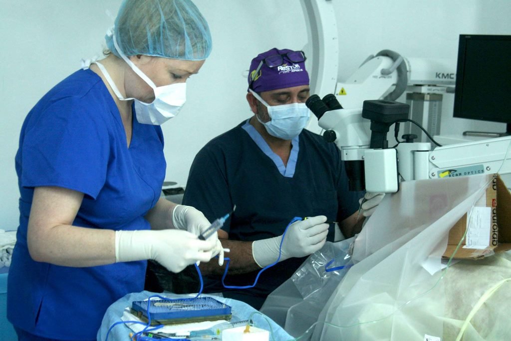 19 cirujanos y especialistas de los EEUU en el momento de realizar las operaciones de cataratas en el Hospital Toribio Bencosme de Moca